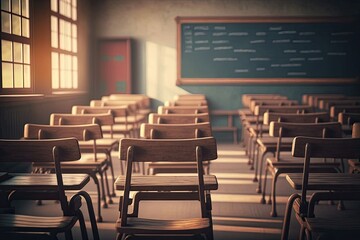 Poster - Empty university classroom with many wooden chairs. Wooden chairs well arranged in college classroom. Empty classroom with vintage tone wooden chairs. Back to school concept. Generative AI