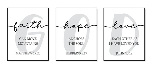 Wall Mural - Faith, Hope, Love. Bible, religious vector quote. Lettering typography poster christian words: hope, faith, love. Modern design frame. Vector word illustration. Wall art sign bedroom, wall decor.