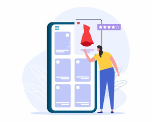 Wall Mural - Woman buys clothes in mobile web application concept of online mobile shopping.