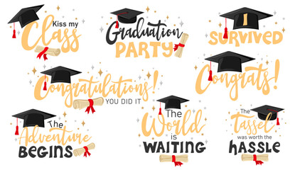 Inspiration and motivation graduation party quotes with graduation cap and scroll of diploma. Congrats grad. Element for degree ceremony and educational programs design. Vector illustration