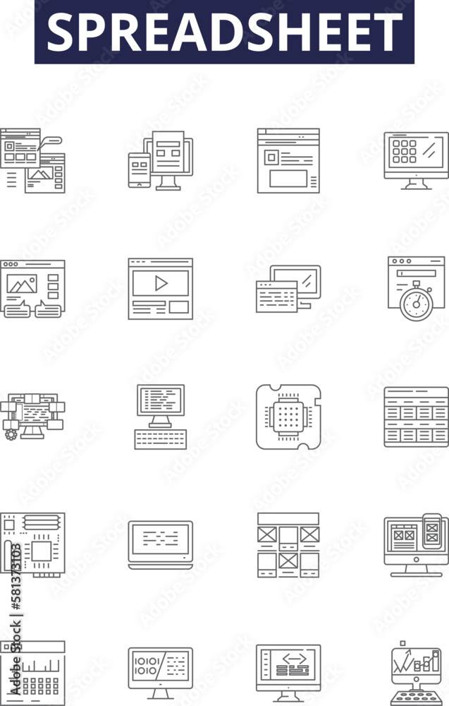 Example Formula Grid Spreadsheet line vector icons and signs. Data, Table, Calculation, Calc ...