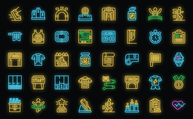 Poster - Running marathon icons set outline vector. Run people. Man activity neon color on black isolated