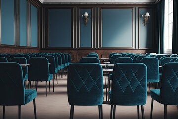 Poster - Interior of empty conference hall with blue velvet chairs with small desks for writing notes. Generative AI