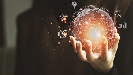 Fototapete - Businesswoman holding global network and online data connection on blurred background, innovative smart technology..