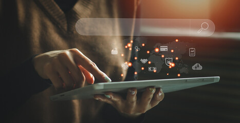 Fototapete - woman using digital tablet to searching online information, IoT, internet of things. Digital transformation technology concept.