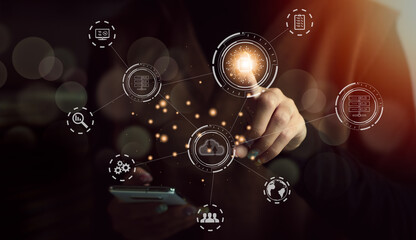 Poster - Digital transformation technology strategy, IoT, internet of things. business in the digital age, woman press Ai icon on virtual screen.	
