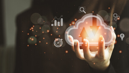 Fototapete - Woman holding Cloud global network and online data connection on blurred dark background, Cloud computing innovative smart technology.