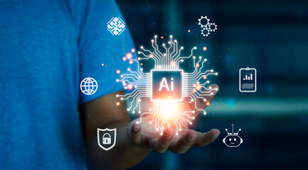 Poster - Digital transformation smart technology AI, IoT, internet of things. business in the digital age, Businessman holding Ai icon on virtual screen.	