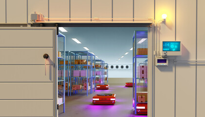 Aufkleber - Autonomous refrigerator storehouse. Robots move around room with racks. Entrance to storehouse. Temperature sensor near gate in refrigerator. Modern refrigeration equipment. 3d image