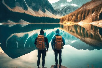 two hikers with hiking travel backpack on their shoulders stand in front of mountain lake, created with generative ai