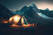 tent with hiking travel backpack and flashlight glowing inside stands at foot of mountain, created with generative ai