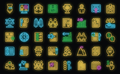 Poster - Business meeting icons set outline vector. Online video. Call webinar neon color on black isolated