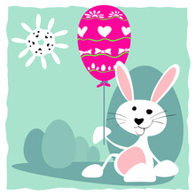 Feliz Pascua (Happy Easter). Un Lindo Conejo Blanco Apoyado En Un Huevo De Pascua Con Un Globo Decorado Con Muchos Colores, Huevos De Pascua Al Fondo. El Día Es Soleado, Con Un Sol De Conejos.	