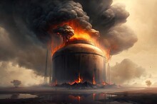 Oil Storage Fire. The Tank Farm Is Burning, Black Smoke Is The Combustion Of Hydrocarbons. Generative AI