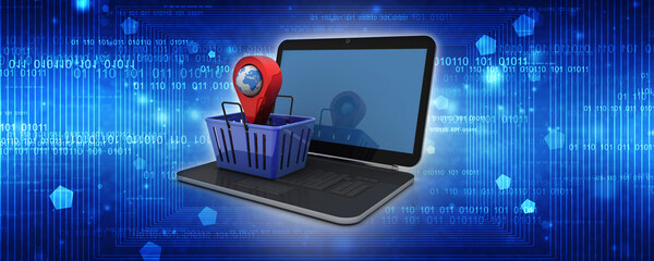 Fototapete - 3d rendering Red map pointer in basket on laptop
