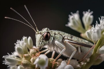 Canvas Print - Macro image of a tiny grasshopper perched atop a little white bloom. Generative AI