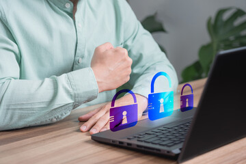 Poster - Concept of security identity theft and internet cyber crime. Hacker attack with damage the system and hack the data, Hacking and stealing data. Man using a laptop computer in the cafe.