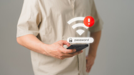 Poster - Man using a mobile phone to connect to wifi but wifi not connected, and waiting to loading digital business data form website, concept technology of waiting for connect to wifi by smartphone.