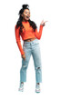 © opolja - Cheerful Afro woman points away on copy space, discusses amazing promo, gives way or direction, has pleasant smile, feels optimistic, isolated over transparent background