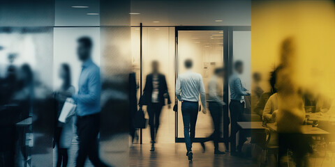 Wall Mural - Silhouettes of office workers in the office with unrecognizable blurred faces. Generative ai.