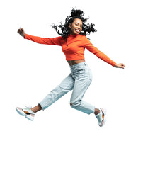 excited happy pretty girl in casual jeans clothes high jump with raised hands and legs, on transpare