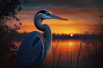 Poster - Great Blue Heron observes the setting sun. Generative AI