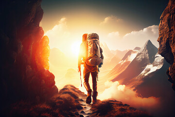 Hiker goes against sky and sun. Hiking concept