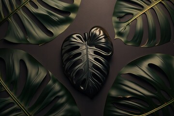 Sticker - Flatlay of black shiny monstera leaves on a background of dark paper. unusually creative and opulent cosmetics concept. Generative AI