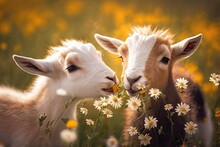 Two Cute Young Goats Playing With Flowers In A Field. Animal Farm. Generative AI