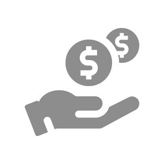 Wall Mural - Human hand and money dropping Us dollar coin icon. Savings and payment concept vector fill symbol.