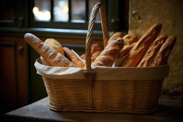 Poster - A basket of freshly made baguettes. food history. Generative AI