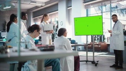 Poster - Group of Students Listening to Their Robotics Professor Who Uses Green Screen Monitor in a Laboratory. Team of Engineers Having a Meeting and Discussing Manufacturing Ideas, Using Technology
