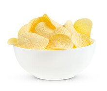 Potato Chips In White Bowl Isolated