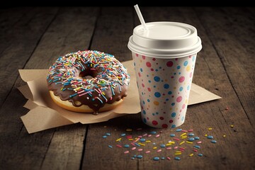 Poster - Delicious donuts on a wooden table with a paper cup and sprinkles. Generative AI