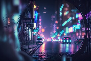 Poster - blurred, out of focus image with night neon bokeh, intense blue and purple hues, and a cyberpunk setting. wonderful wallpaper backdrop City street at night. Generative AI