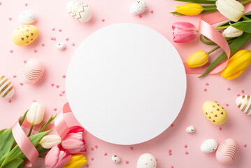 Wall Mural - Easter concept. Top view photo of white circle bouquets of fresh tulips with silk ribbon colorful easter eggs and sprinkles on isolated pastel pink background with copyspace