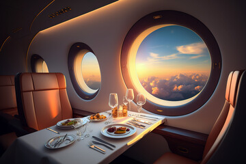 Luxury boarding in a private modern business jet. Luxurious interior in the right design. AI generated illustration.