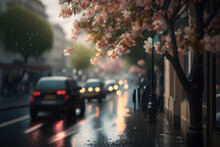 AI Genereative, City Defocused Rainy Street With Cherry Blossom Romantic Cinematic Style Illustration