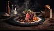Seasoning medium rare steak with salt grinder, cut on wooden board on restaurant table with generative AI