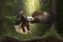 Bald Eagle Landing In Snow Forest, Bird Raptor Flying Close-up, Generative AI