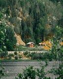 Fototapeta  - Scandinavian house in the forest with lake in Norway