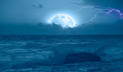 Wall Mural - Night sky with full moon and lightning in the clouds on the fore ground strong sea wave 