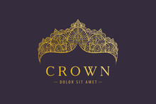 Abstract Luxury, Royal Golden Company Logo Icon Vector Design. Elegant Crown, Tiara, Diadem Premium Symbol. Hand Drawn Lace Jewelry, Arabic, Restaurant, Hotel Logotype