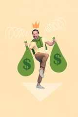 Sticker - Vertical drawing 3d pop collage picture sketch of funny smiling man rejoice earn much money isolated on painted background