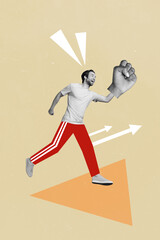 Poster - Creative illustration collage sketch picture of funky sporty guy sports competition showing big fist power isolated on painted background