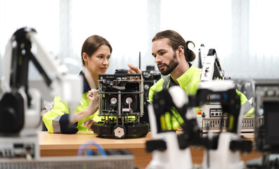 Computer science development engineer team working on robotic arm connection at futuristic electronic innovation technology center. Modern people training in automated engineering. Smart industry 4.0