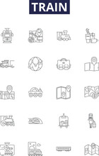 Train Line Vector Icons And Signs. Rail, Journey, Tracks, Express, Caboose, Freight, Wheels, Engine Outline Vector Illustration Set