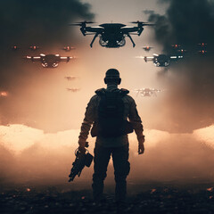 soldier with military drone as weapon in war. generative ai