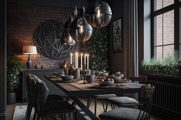 Dining table and black lighting in a loft style dining room. Generative AI