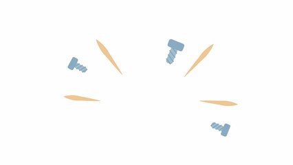 Poster - Animated screws flying apart frame. Equipment breakdown. Broken device. Flat color borders 4K video footage with alpha channel. 2D background template animation with copy space for text, image